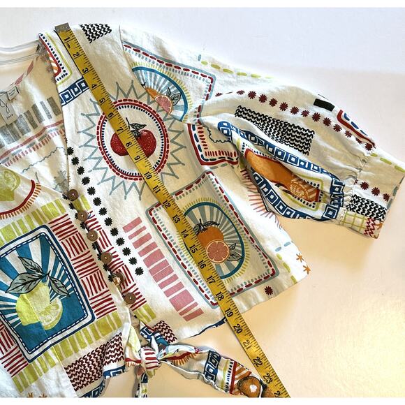 J. Joie Graphic Fruit Print Top Womens XL White Colorful Linen V-Neck Tie Hem - Picture 8 of 8